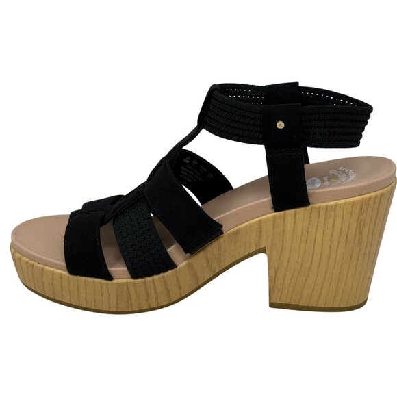 Dr. Scholls Black Blossom Strappy Platform Sandals US 10M Faux Wood Block Heel - Picture 1 of 11